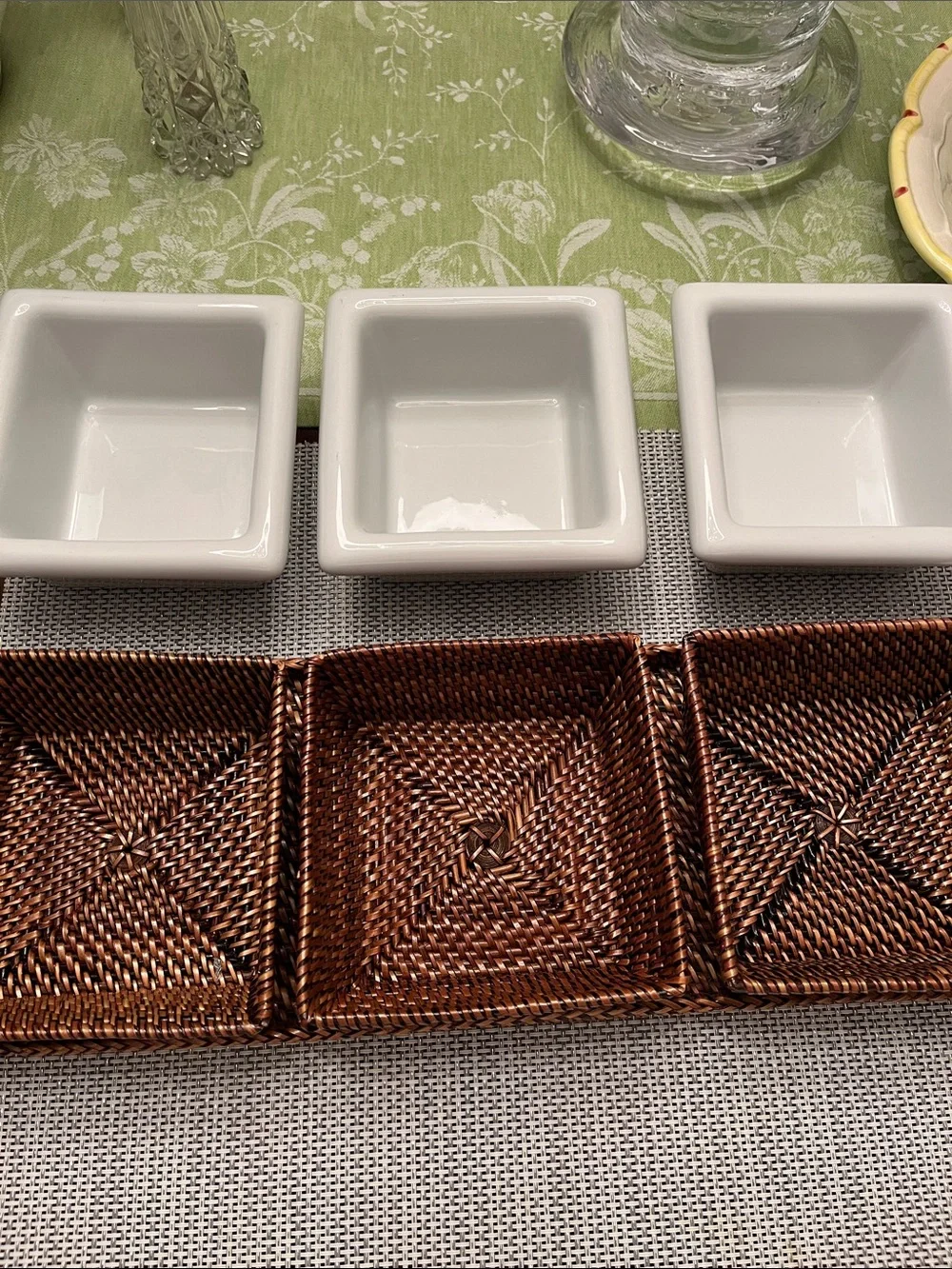 Williams Sonoma White Ceramic Triple Server with Woven Tray